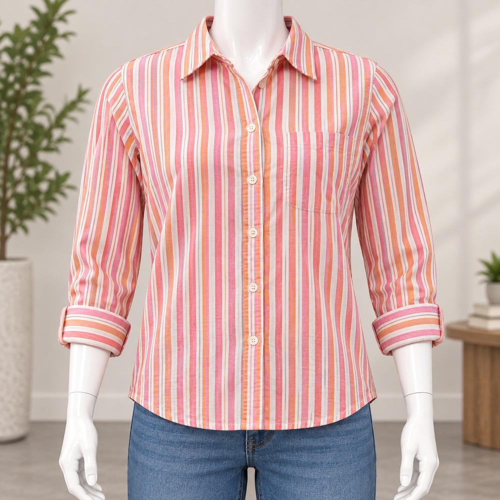 Lauren Ralph Lauren Button Front Shirt Womens 2X Pink Orange Striped Long Sleeve